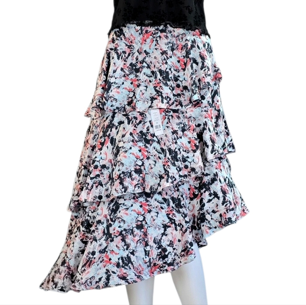 BCBGMaxazria Tiered Ruffle Asymmetric Abstract Print Midi-skirt